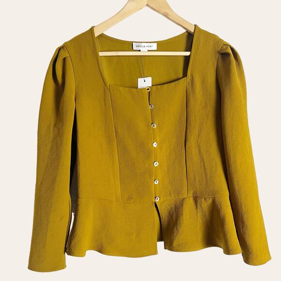 Amour Vert Nadja Mustard Yellow Square Neck Button Front Cropped Peplum Top M - Picture 3 of 13